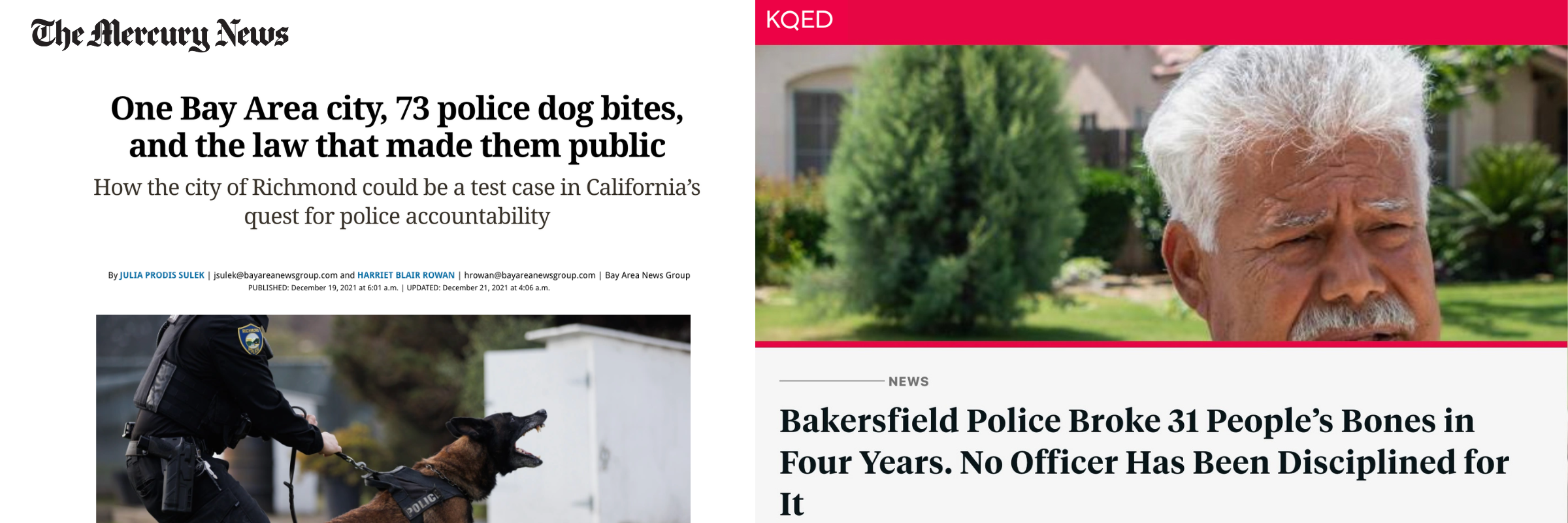 Screenshots of the Mercury News and KQED articles
