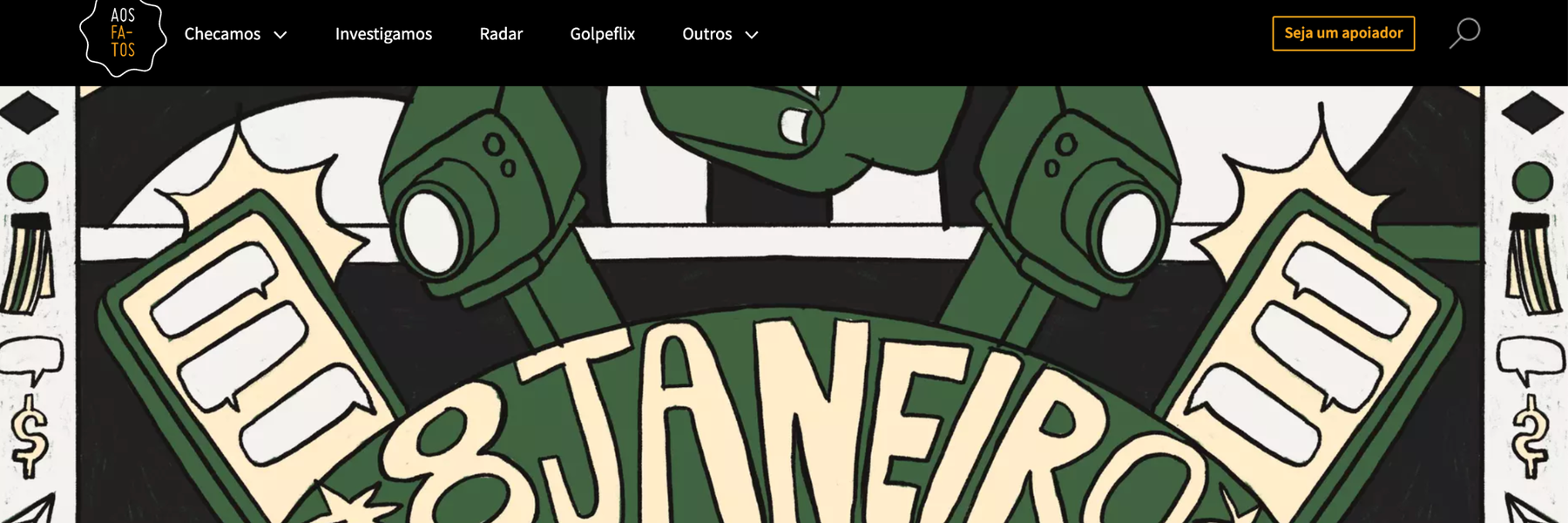 Screenshot of Aos Fatos website with an illustration with the words January 8th
