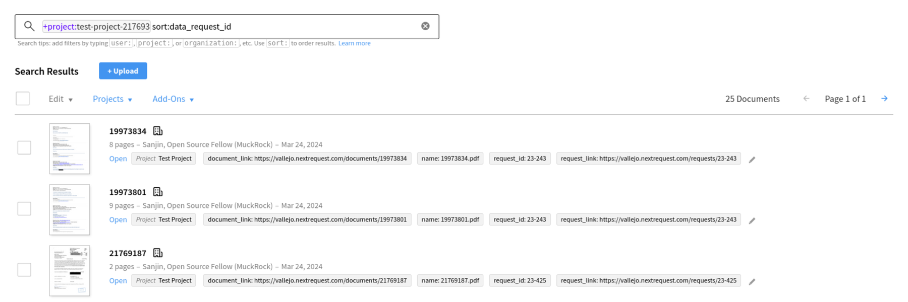 Screenshot of DocumentCloud showing available documents sorted by key value pairs