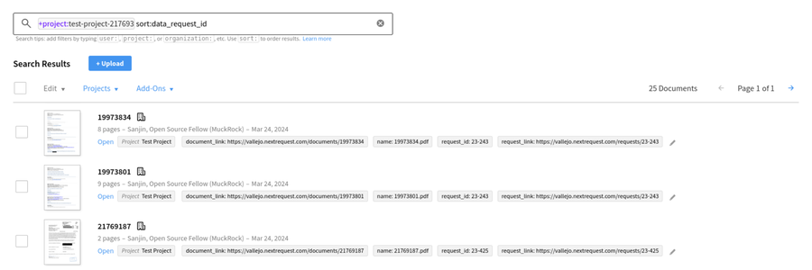 Screenshot of DocumentCloud showing available documents sorted by key value pairs