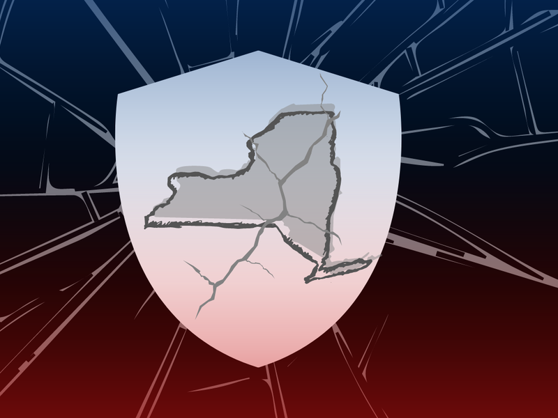 Police badge with the outline of New York state in side of it with a blue and red background