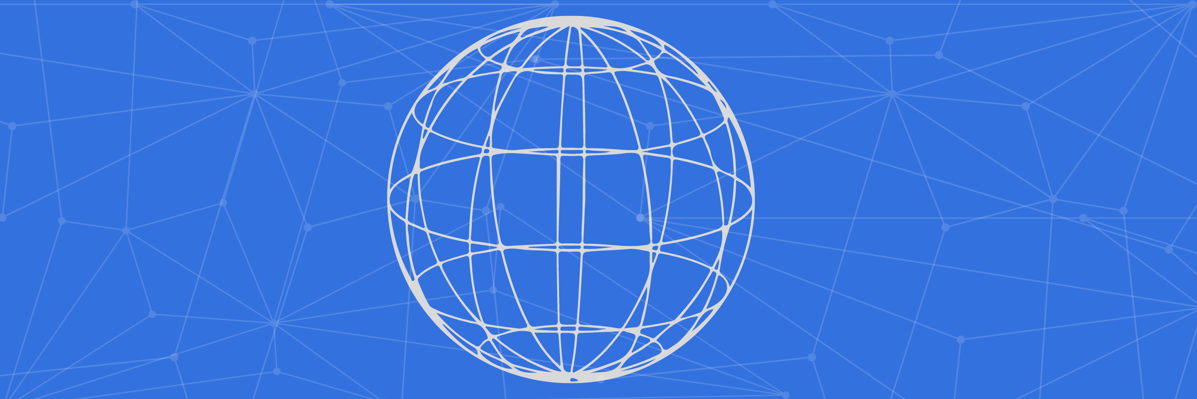 A blue background with a white wireframe globe in the center.