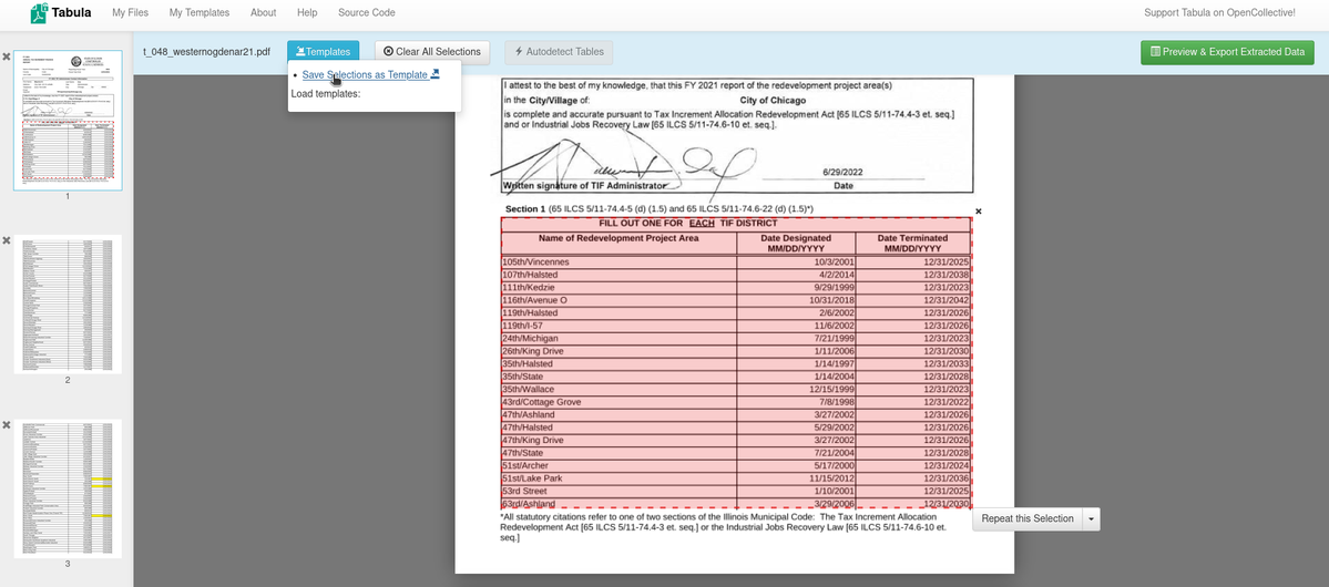 Software menu for Tabula desktop that shows the ability to generate a template.