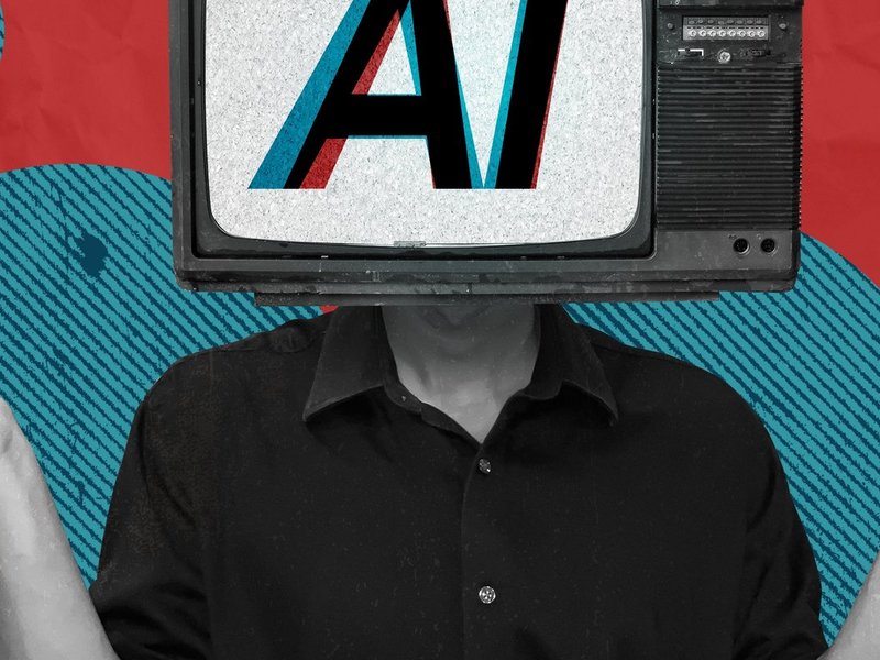 A person shurgs and holds their hands up. A TV covers the person's face and on the TV are the bold letters "AI."