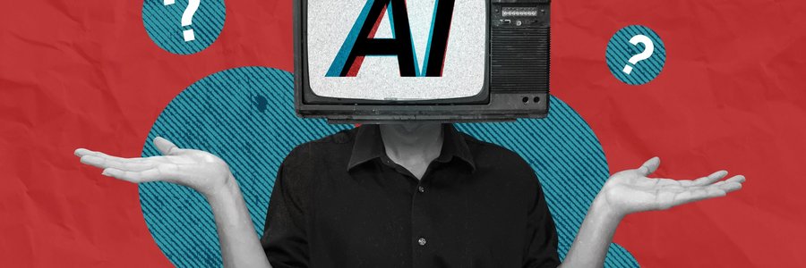 A person shurgs and holds their hands up. A TV covers the person's face and on the TV are the bold letters "AI."