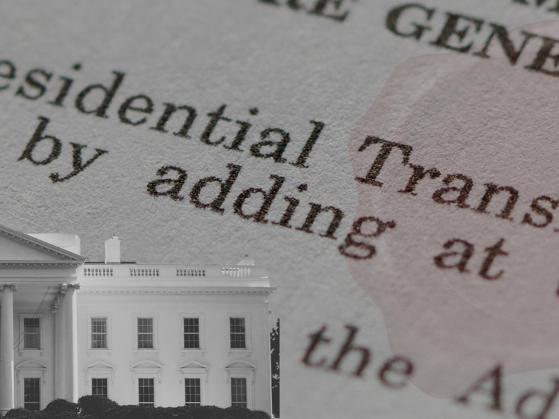 A paper with the text of the Presidential Transition Act with the a blank-and-white picture of the White House overlaid ontop of the paper and a light red stamp over the words "transition."