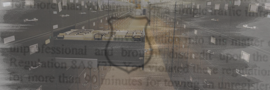 Long hallway with file cabinets overlaid with a smoky hue and a blurry outline of a police badge.