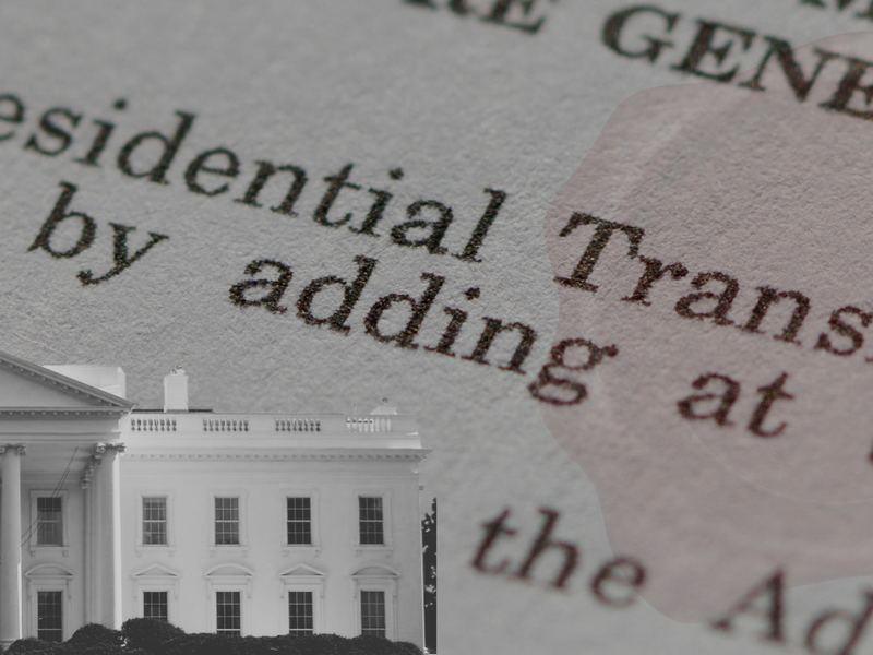 The white house behind a document that mentions the presidential transition act