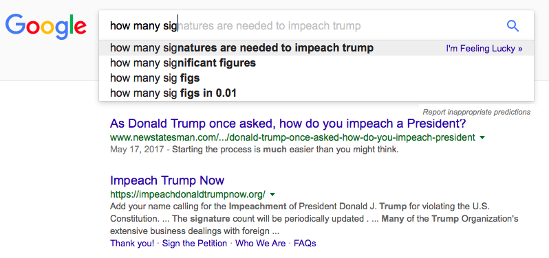 Google suggests searching for ‘how many signatures are needed to impeach trump’