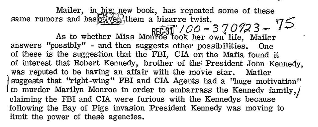 FBI tried to fact check Norman Mailer's factoids about their role in Marilyn  Monroe's death • MuckRock