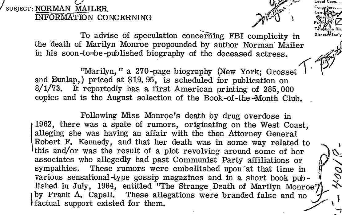 FBI tried to fact check Norman Mailer's factoids about their role in Marilyn  Monroe's death • MuckRock