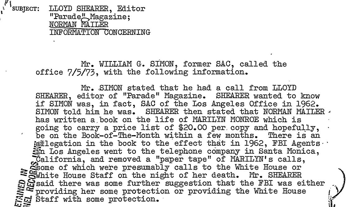 FBI tried to fact check Norman Mailer's factoids about their role in Marilyn  Monroe's death • MuckRock