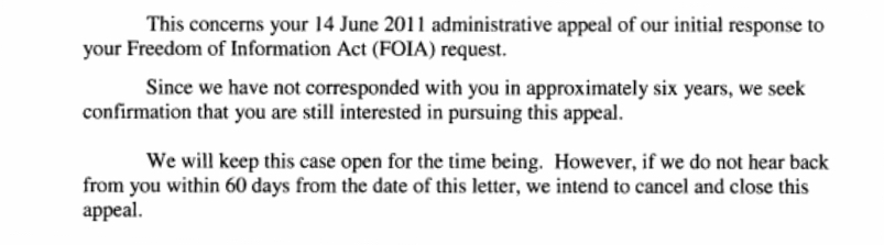 Letter from CIA asking if FOIA requester is still interested