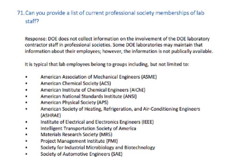 The Department of Energy response to a question about lab staff affiliations