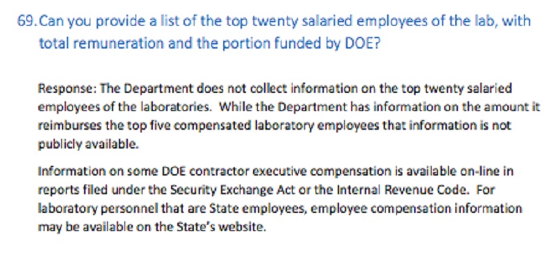 The Department of Energy said some laboratory employee compensation was not public