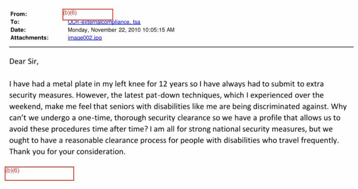 TSA complaint regarding disabilities