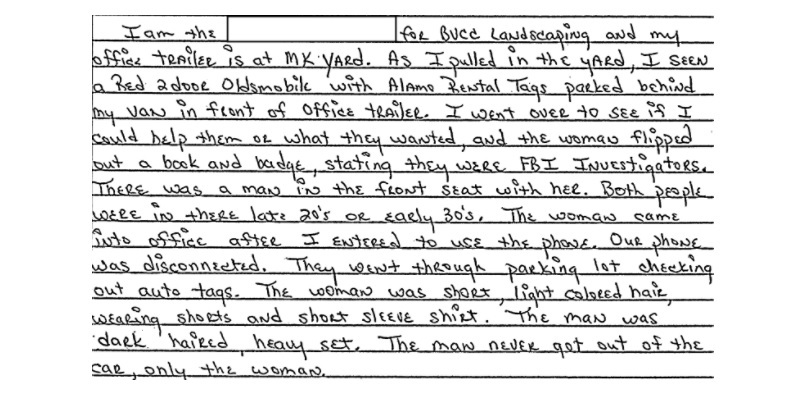 witness handwritten statement about FBI impersonators at Disney world