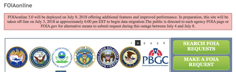 FOIAonline message about downtime