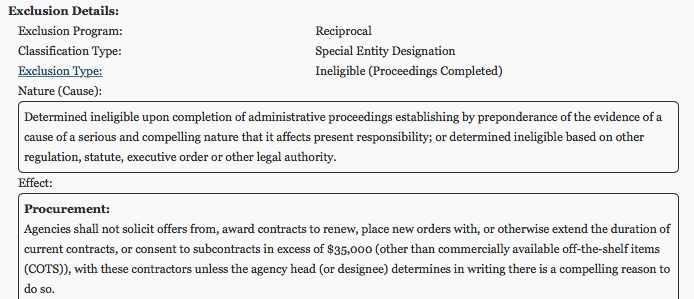 An example of exclusion information on a federal contractor