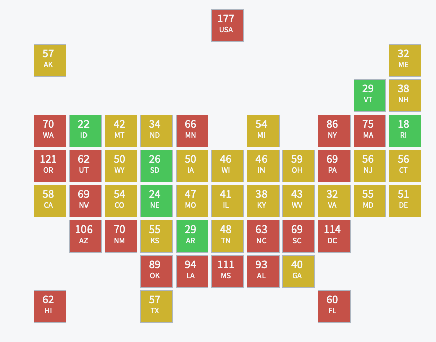 A map displaying average public records response times by state