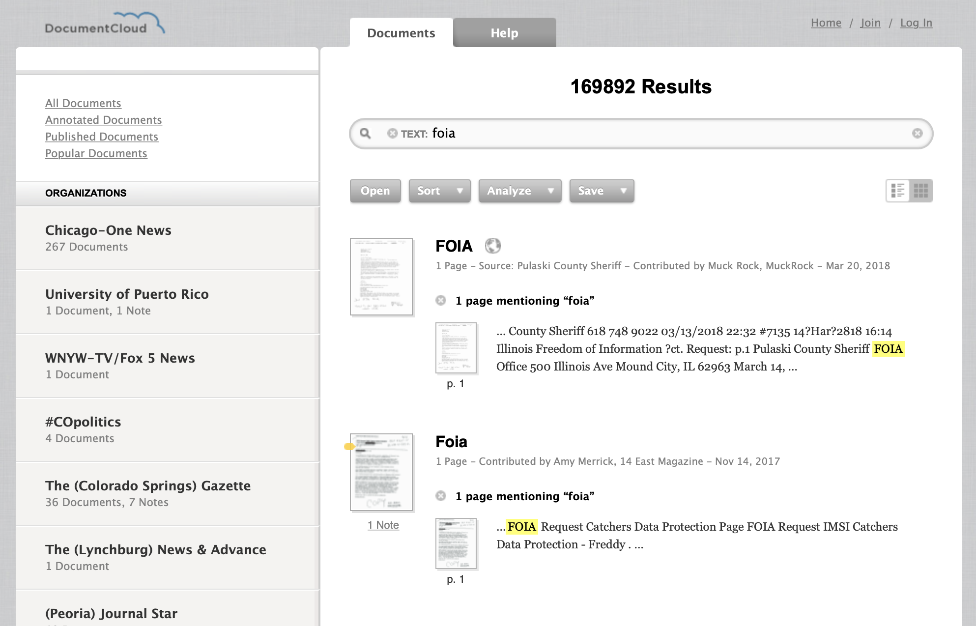 A screenshot of DocumentCloud’s search interface