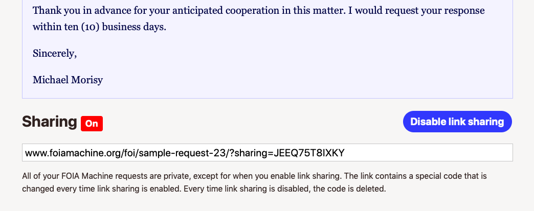 Example of a FOIA Machine Shared Request page