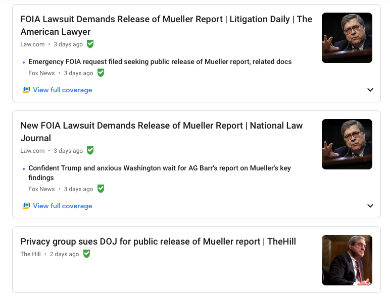 Headlines referencing FOIA lawsuits for the Mueller report