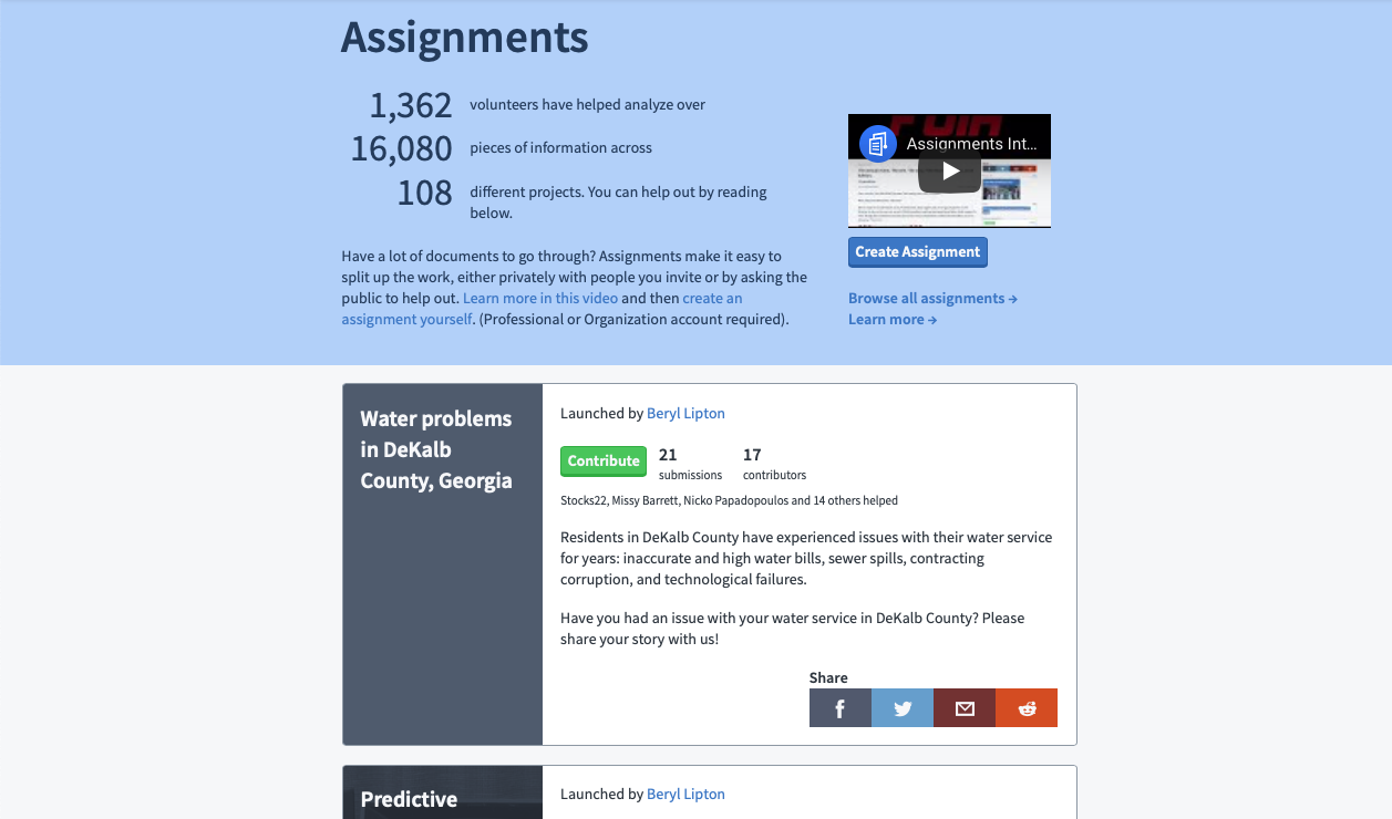 A screenshot of the Assignments page, available at muckrock.com/assignment