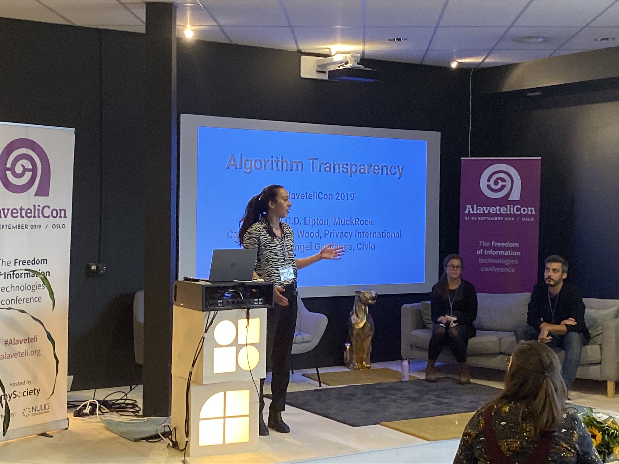 Beryl Lipton doing a presentation on algorithmic transparency at AlaveteliCon