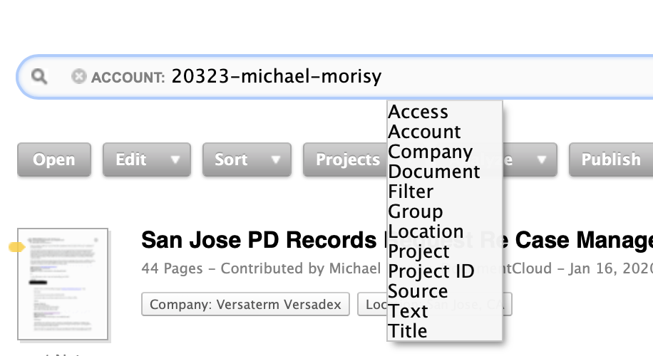 DocumentCloud's current search interface with a sample query