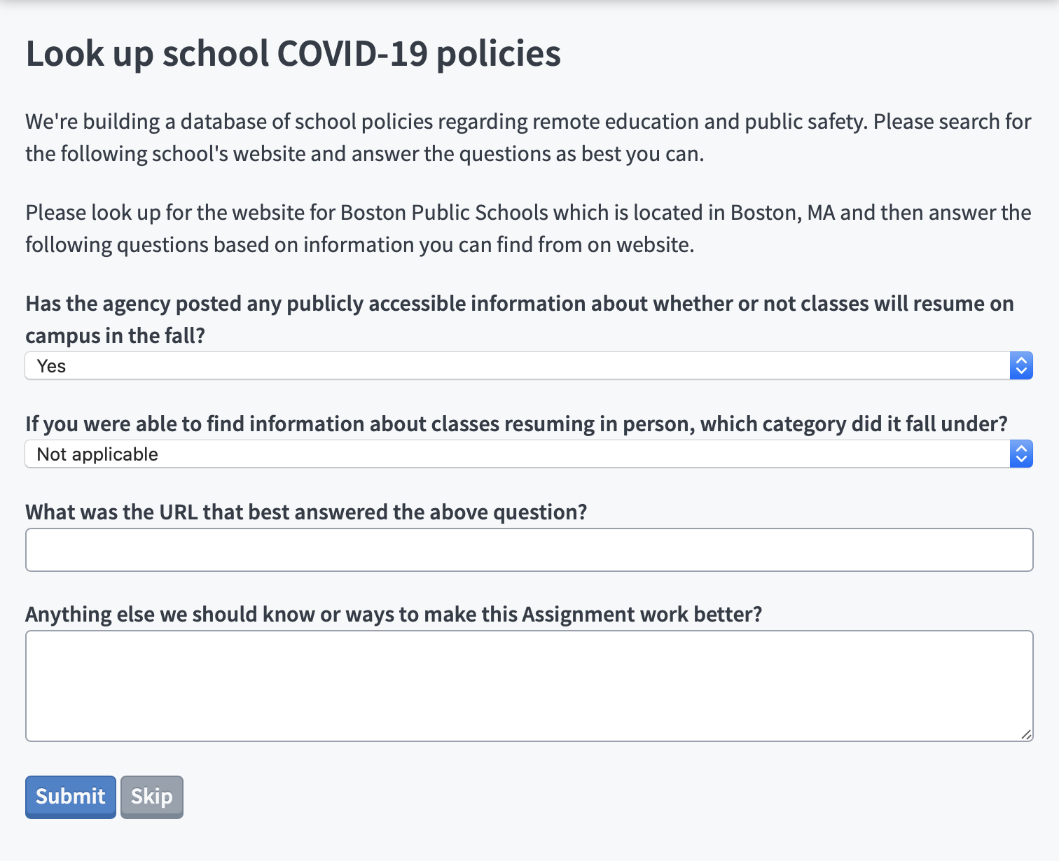 Screenshot of a sample crowdsource asking volunteers to put in information about local schools plans to resume class in the fall