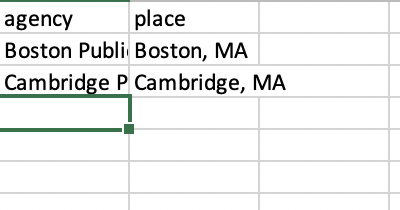 A screenshot of a CSV listing school names and the cities where they're located