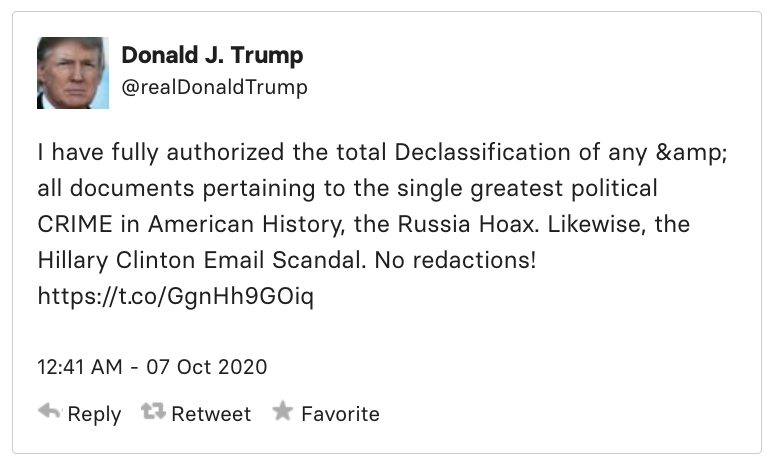 A screenshot of a Tweet from former President Donald J. Trump