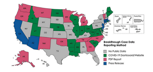 A map detailing where data on COVID-19 data is available by state