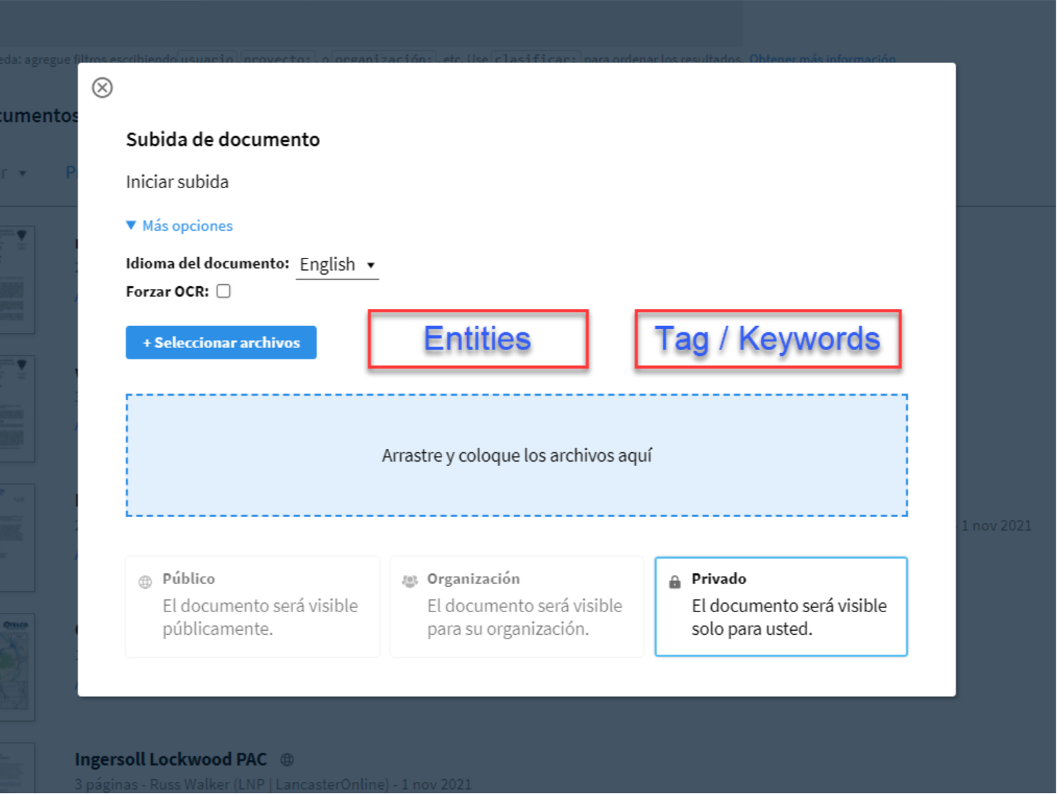 A screenshot showing additional proposed buttons that would let users add tags and entities to documents as they upload them into DocumentCloud