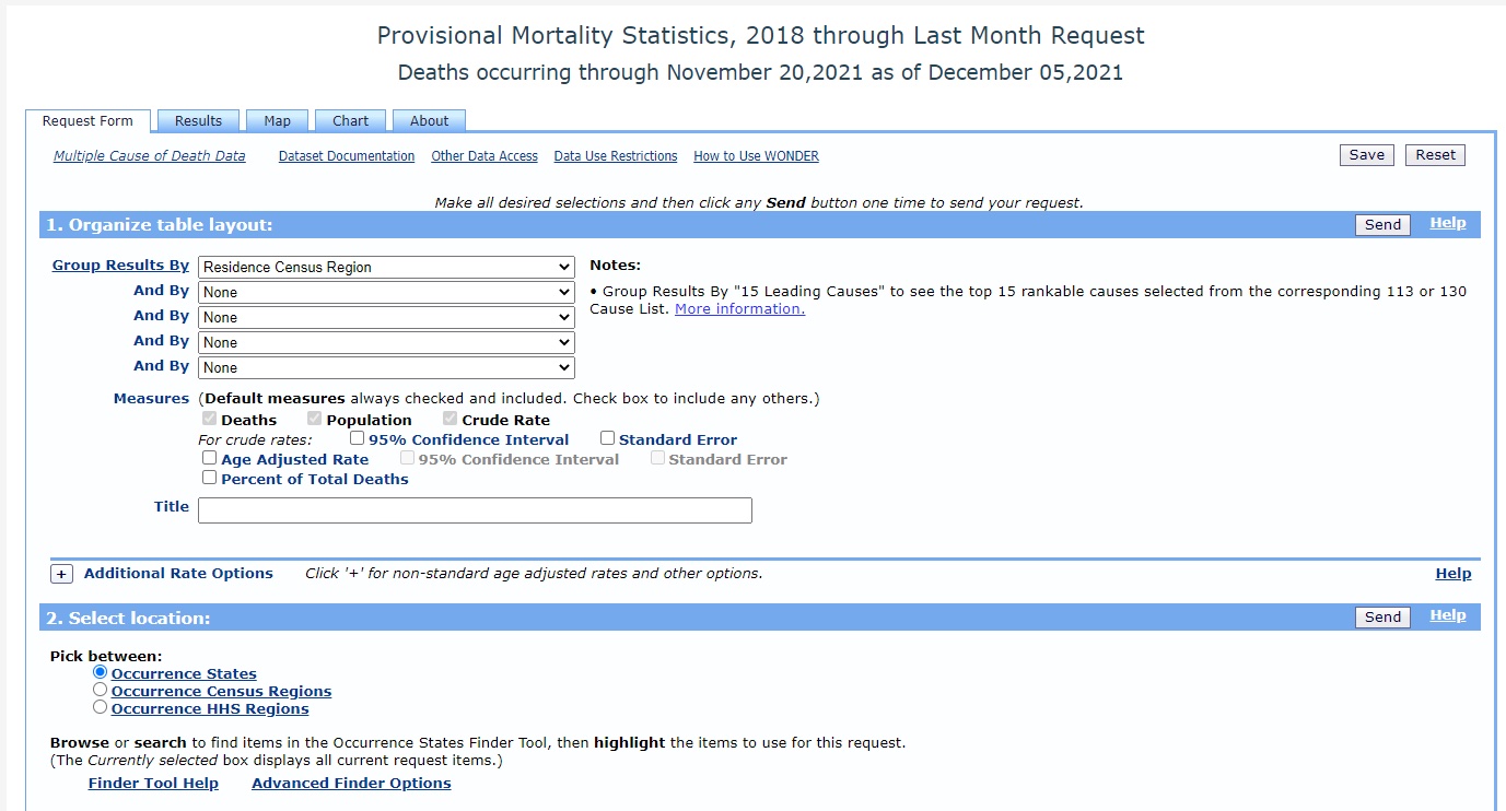 The CDC’s WONDER tool allows users to analyze cause of death data at the county level, with some limitations.