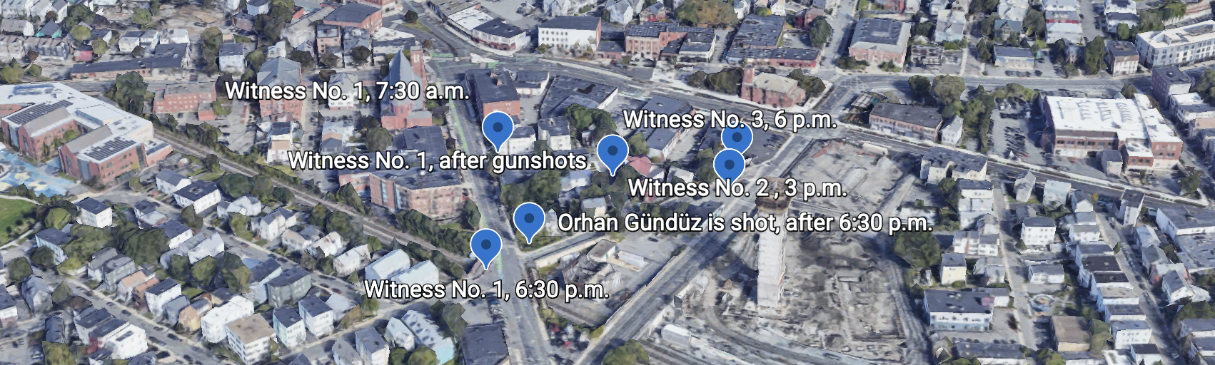 An aerial view of the scene of the shooting, denoting the locations of eye witnesses throughout the day