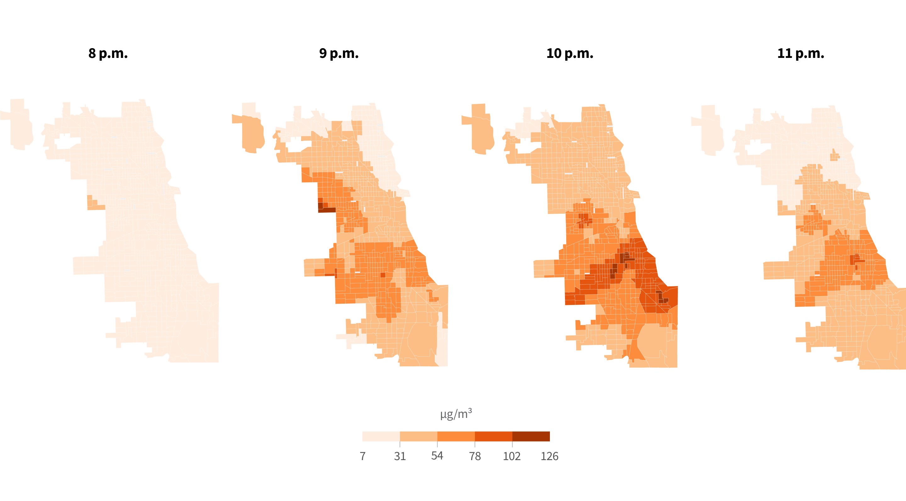 Last Fourth of July, Chicago saw a dangerous spike in air pollution between 9 p.m. and midnight. Data courtesy of the Microsoft Research Eclipse Project.