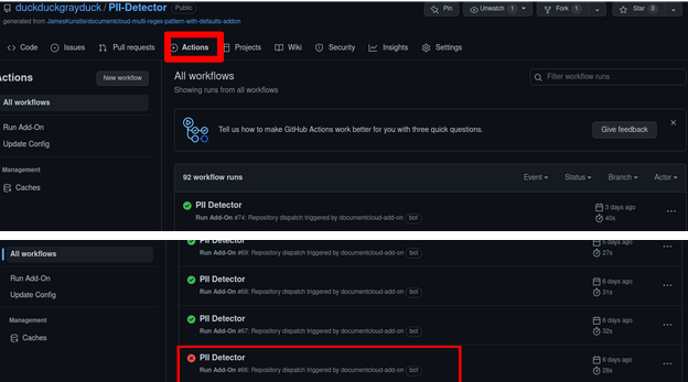 A screenshot of the diagnostics located in GitHub under Actions  and then a small icon showing an error flag.