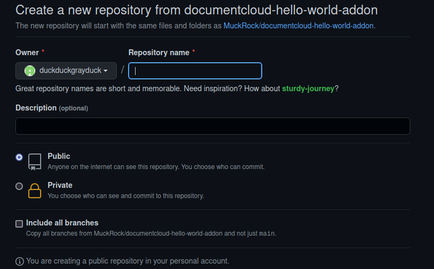 A screenshot of the Github interface showing the dialog options when using the template options, including a space to give the new repository a name.