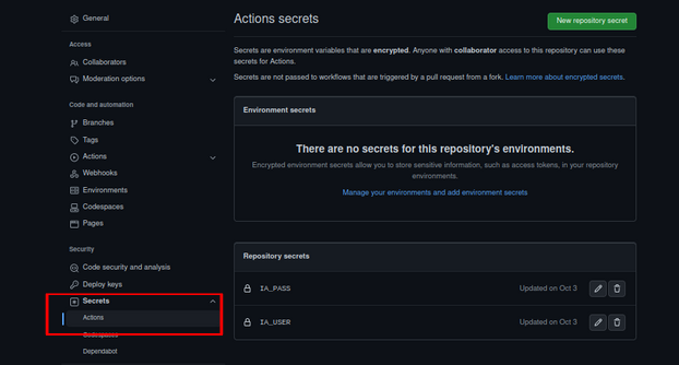 The GitHub interface with an option down the left-hand side of the screen reading Secrets