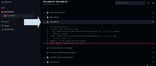 A screenshot of the diagnostics located in GitHub under Actions showing detailed error information