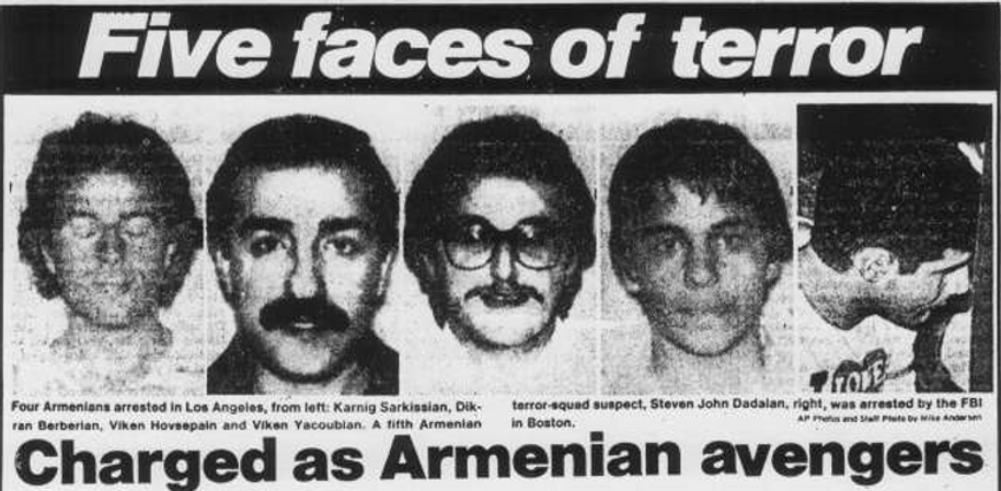 An old photocopy of a tabloid news article with the subject, The Five Faces of Terror, with pictures of five young dark-haired men. The sub-head says "Charged as Armenian Avengers"