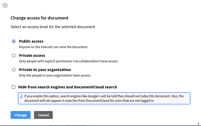 Screenshot of change access page of DocumentCloud user interface showcasing the checkbox to hide documents from search engines and DocumentCloud public search