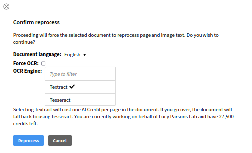 Screenshot of menu for Force Re-Process which allows you to select Textract OCR engine