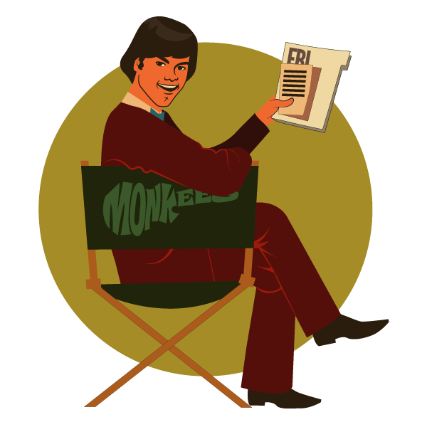 A cartoon image of a man in a directors chair labeled Monkees looking at documents. He has a bowl cut and looks like a member of the band the Monkees.