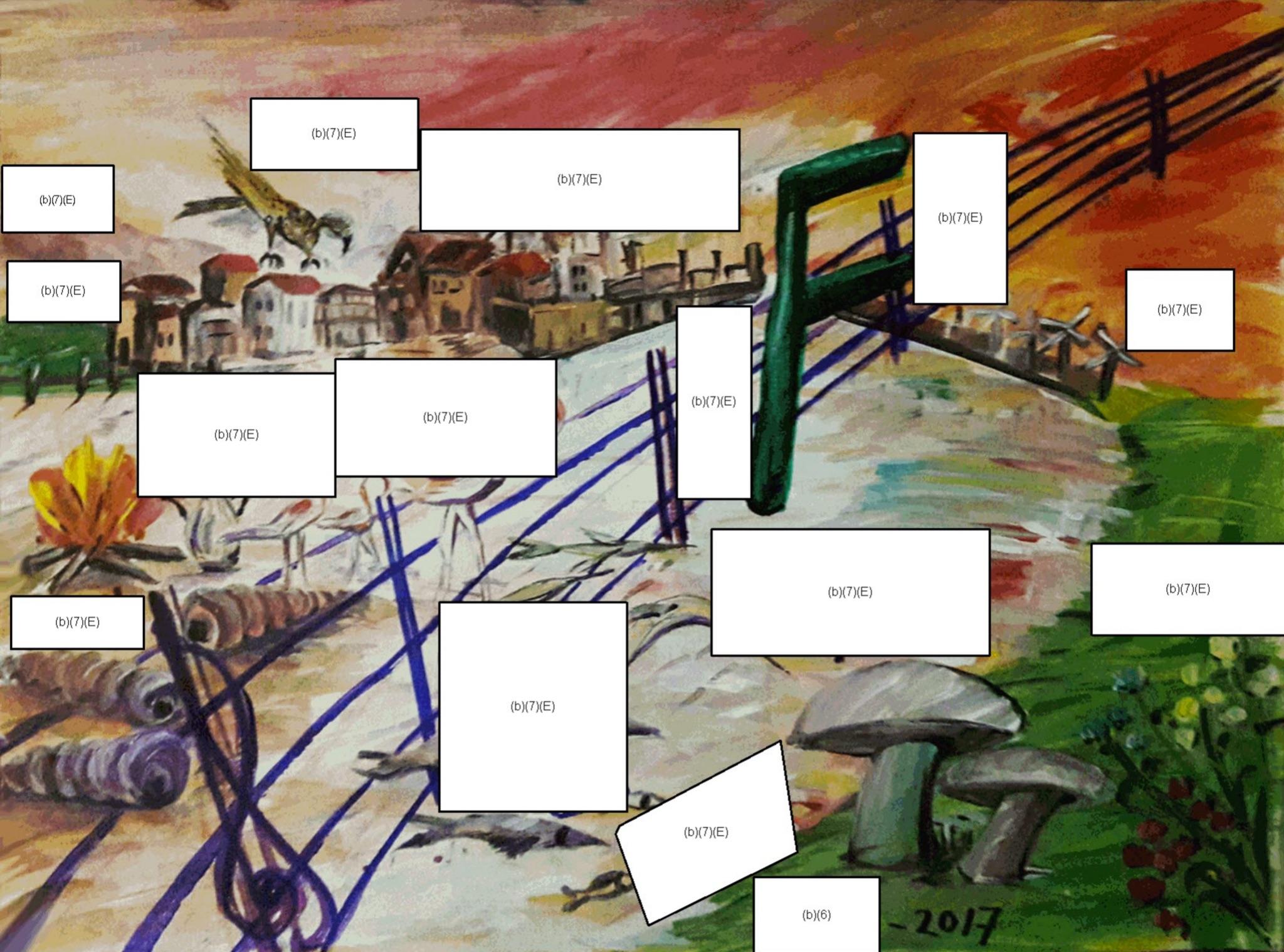 A drawn painting that features large mushrooms and a field separated from a village via a barbed fence. All cross the image are scattered 15 redactions, all labeled b7E.