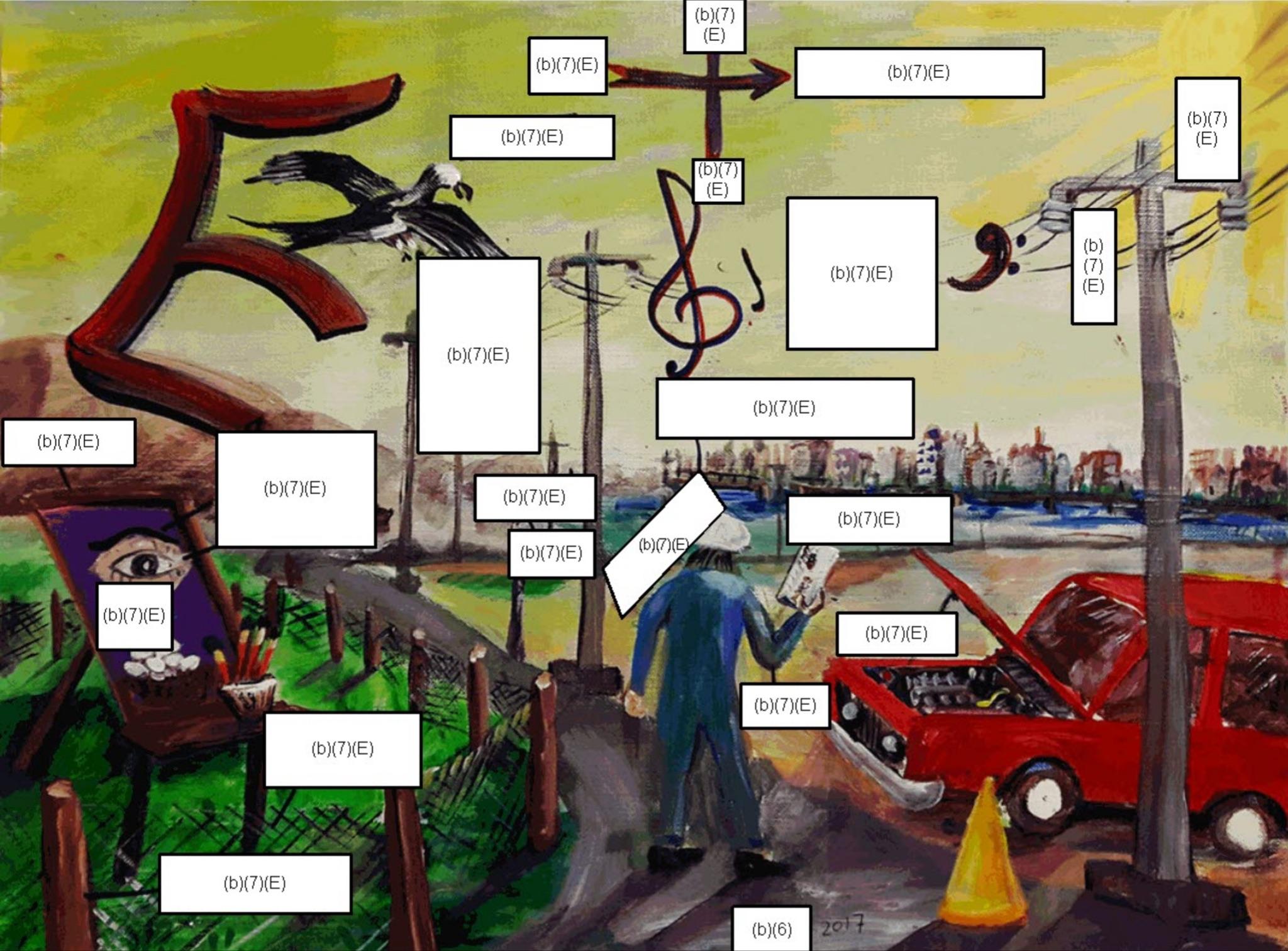 A surreal painting of music notes floating over a road where a man apparently is working on a car while next door is a field with art and an eyeball. All across the painting, there 22 redaction boxes labeled b7e