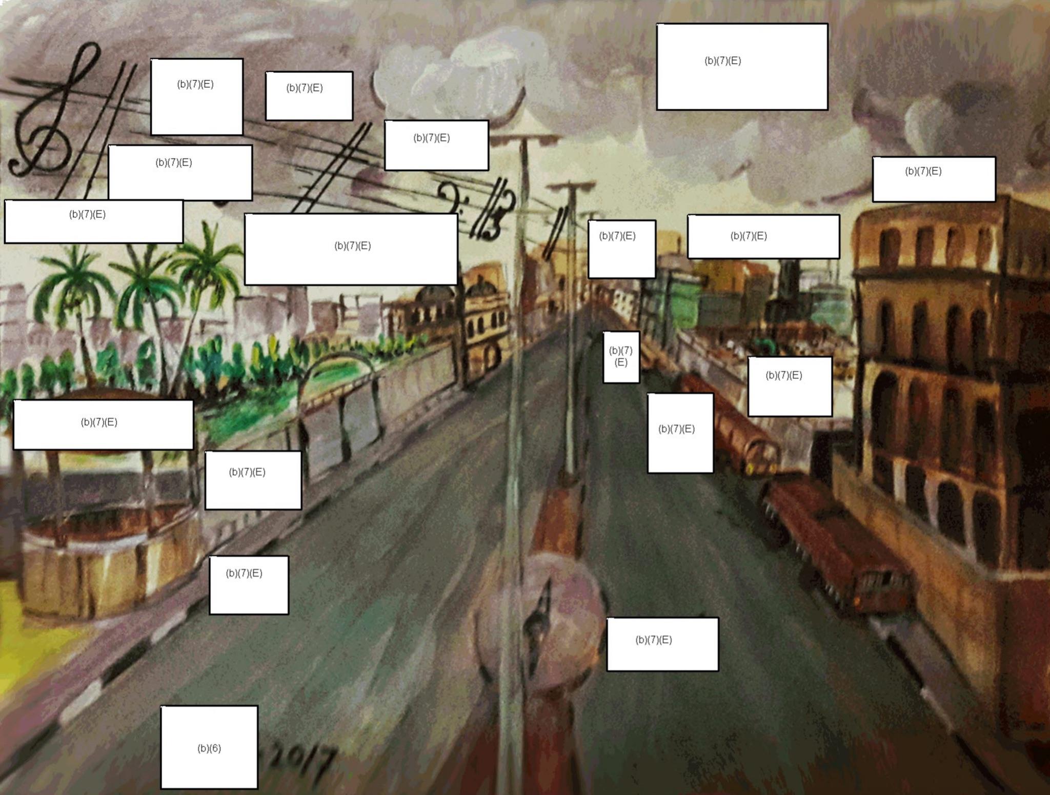 A painting of a road in a city with music notes floating above it. There's 18 redaction boxes labeled b7e