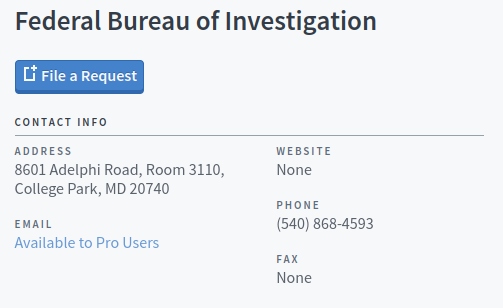image shows the contact information for the FBI public records division, including an email address that is only available to pro users